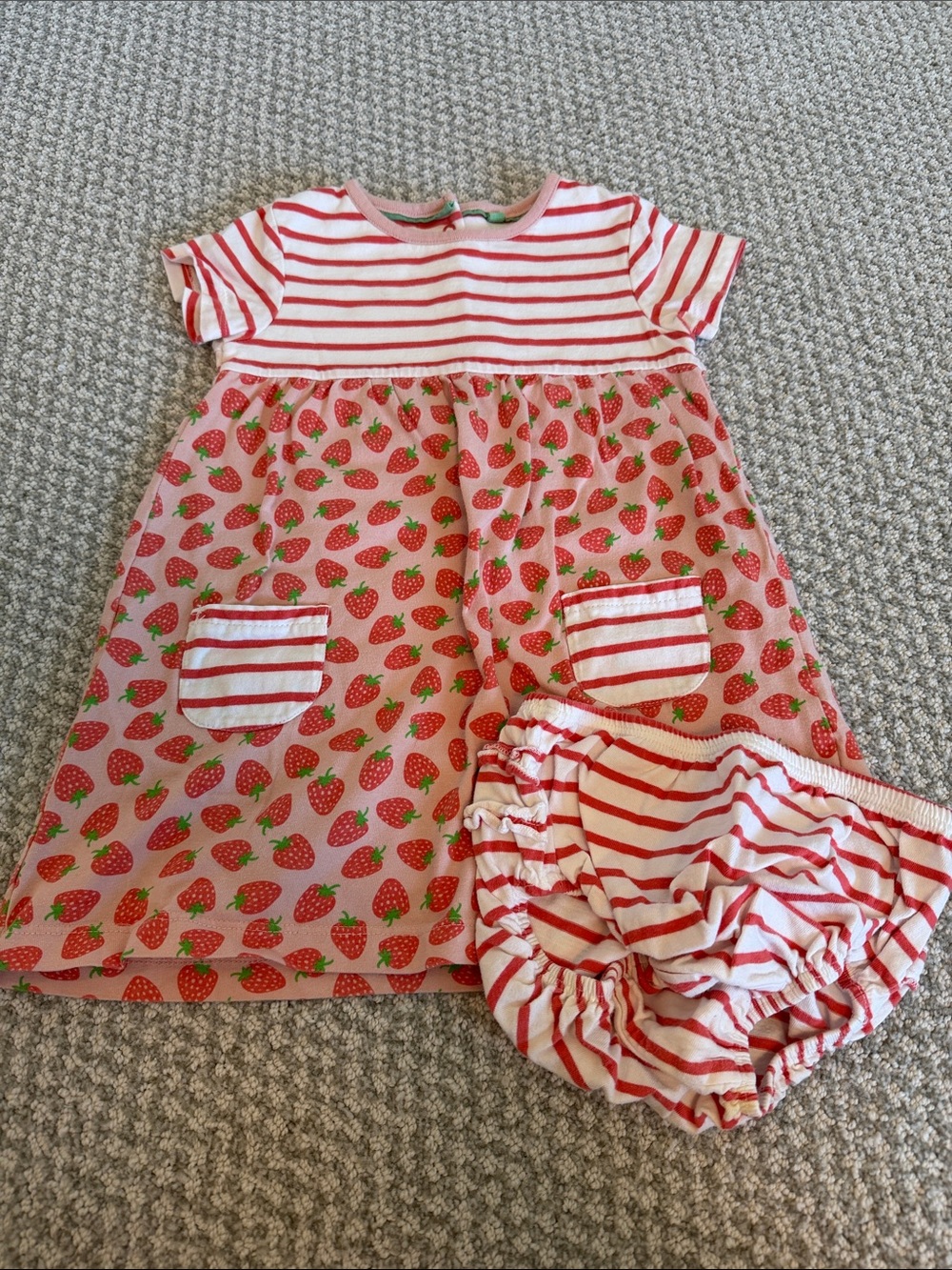 Baby Boden Pink and Red Strawberry Print Dress with Striped Bloomers